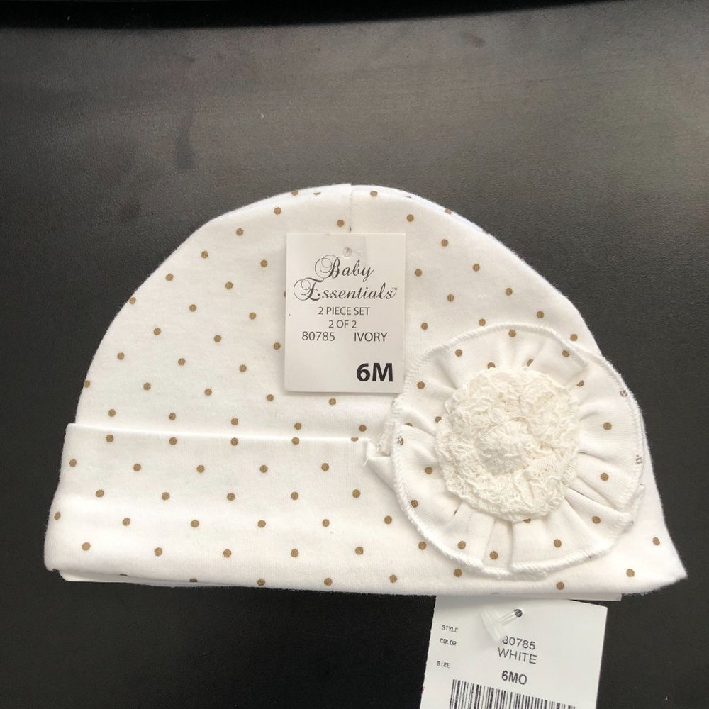 Baby Essentials Ivory Beanie Hat Cap Gold Polka-dots Lace Flower Size 6 Months